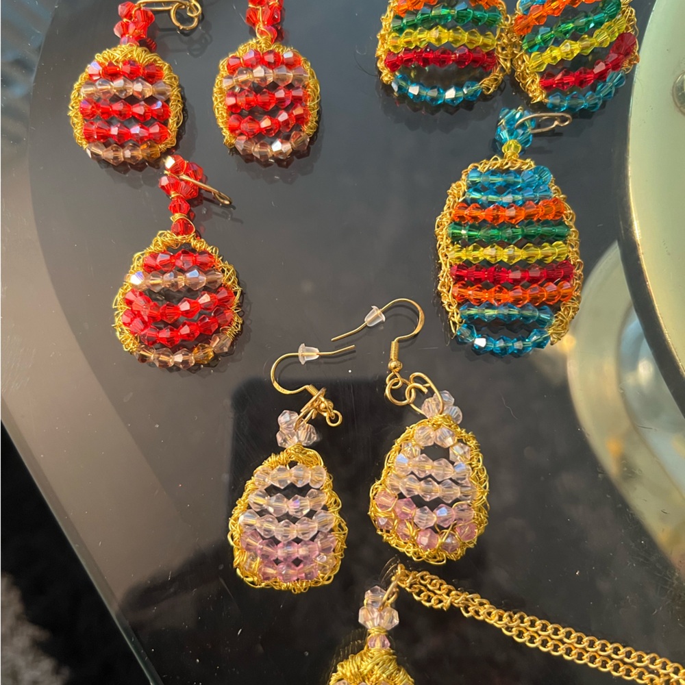 Red and Blue Beaded Earrings with Intricate Design